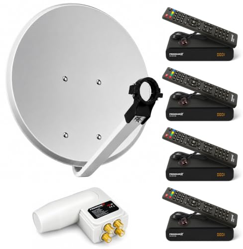 PremiumX Satelliten-Komplettanlage 4 Teilnehmer 80cm Satellitenschüssel Hellgrau SAT Quad LNB 4X Satelliten-Receiver DVB-S2 HDTV