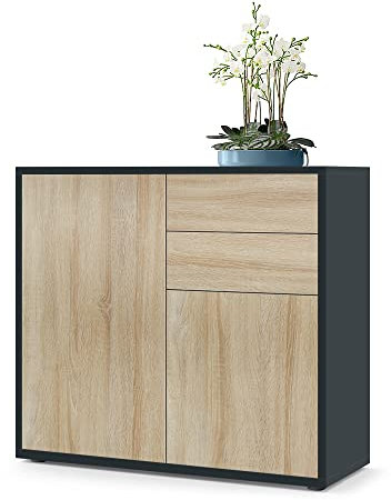 Vladon Sideboard Ben, Made in Germany, Kommode mit 2 Türen und 2 Schubladen, Schwarz matt/Eiche Sägegrau (79 x 74 x 36 cm)