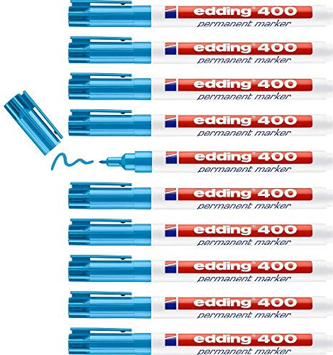 edding 400 Permanentmarker - hellblau - 10 Stifte - feine Rundspitze 1 mm - wasserfest, schnell-trocknend - wischfest - für Karton, Kunststoff, Holz, Metall, Glas