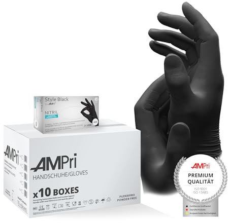 AMPri Nitrilhandschuhe, schwarz, 10 Box a 100 Stk, Größe M, puderfrei, Style Black by Med-Comfort: Nitril Einmalhandschuhe, Einweghandschuhe in den Größen XS, S, M, L, XL, XXL