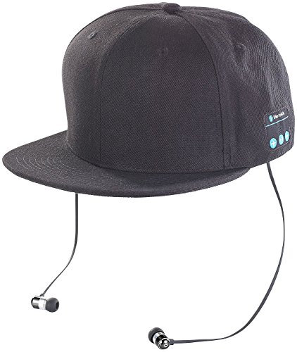 Callstel Basecap: Snapback-Cap mit integriertem Headset, Bluetooth 4.1, schwarz (Kopfhörer und Mikrofon Mütze, Freisprech-Mütze, Lautsprecher iPad)