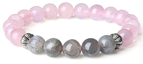 COAI Bracelet Pierres Véritables Quartz Rose Labradorite Élastique Femme 15-16.5cm