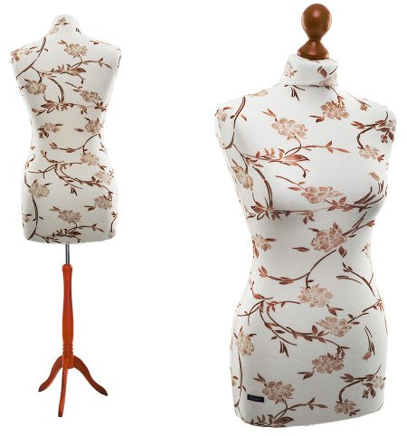 LUCCESI Schneiderpuppe - Damen Schneiderbüste Grösse/Size M, Torso-Überzug: creme-weiss mit Blumen (braun), Holz-Dreibein, calvados