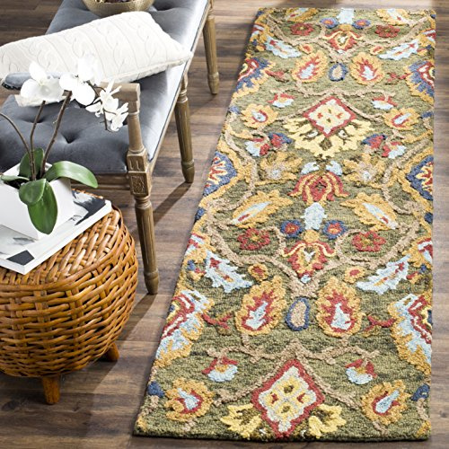 SAFAVIEH Blossom Collection Runner Rug - 2'3 x 8', Green & Multi, Handmade Wool, Ideal for High Traffic Areas in Living Room, Bedroom (BLM402B)