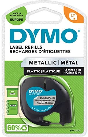 DYMO Original LetraTag Metallic Etikettenband | schwarz auf Metallic-Silber | 12 mm x 4 m | selbstklebendes Etiketten | für LetraTag-Beschriftungsgerät