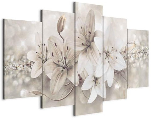 B&D XXL - Leinwand Bilder Blumen 100x50 cm Vlies Leinwandbild 5 tlg Kunstdruck modern Wandbilder Groß XXL Wanddekoration Design Wand Bild - Lilien Abstrakt beige bokeh b-A-0297-b-n