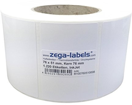 Inkjet Etiketten auf Rolle - 76 x 51 mm - 1.220 Stück je Rolle - Kern: 76 mm - Papier weiss glänzend - aussen gewickelt - permanent haftend - Druckverfahren: Ink Jet (Rollen Tintenstrahl Drucker)