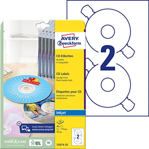 AVERY Zweckform C6074-20 selbstklebende CD-Etiketten (40 blickdichte CD-Aufkleber, Ø 117 mm auf A4, ClassicSize, Papier hochglänzend, bedruckbare Klebeetiketten für alle Inkjet-Drucker) 20 Blatt, weiß