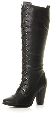 AJVANI high chunky heel lace up calf knee military biker boots size 8 41