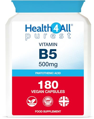 Vitamin B5 Pantothenic Acid 500mg 180 Capsules, 6 Months Supply, 8,333% NRV | Purest No Additives High Strength VitB5 Capsules (not Tablets), Vegan, Gluten-Free Supplement | Made in UK by Health4All
