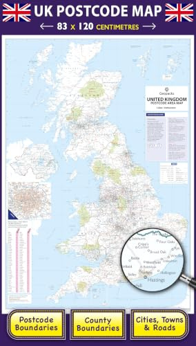 UK Postcode Wall Map -Large Travel Map to show Detailed Postcode, County, District Boundaries, Roads, Cities & Towns, Laminated UK Map Poster, Waterproof, Perfect Traveler Gift 830 x 1200 mm