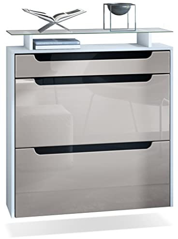 Vladon Schuhschrank Annie, Schuhkipper für 16 Paar Schuhe mit 2 Klappen, 1 Schublade und Glasablage, Weiß matt/Sandgrau Hochglanz/Schwarz Hochglanz (89 x 96 x 23 cm)