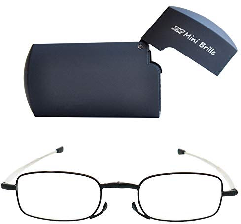 Mini Brille Kompakte faltbare Lesebrille aus Metall mit Teleskop-Bügeln (Schwarz) Gratis Flach Flip Top Etui, klappbare Faltbrille aus Metall, Lesehilfe Herren und Damen +2.5 Dioptrien
