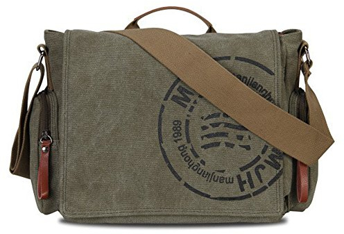 Minetom Homme Sacoche Sac Bandoulière Toile Voyage Besace Vintage École Plein Sport Occasionnels Loisir Sacoche Rétro Pack Armée Verte One Size(39 * 28 * 14 cm)