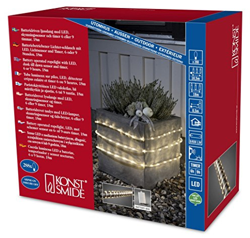 Konstsmide LED Lichterschlauch, 18m, mit Lichtsensor und 6h und 9h Timer, 288 warm weiße Dioden, batteriebetrieben, Außen (IP44), 4 x D 1.5V (exkl.) - 3746-100