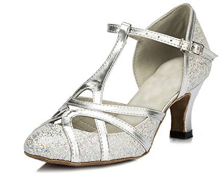 Minitoo qj6133 Damen Geschlossen Zehen High Heel PU Leder Glitzer Salsa Tango Ballsaal Latin t-strap Dance Schuhe, Silber Silver-6cm Heel ,41 EU/7.5 UK