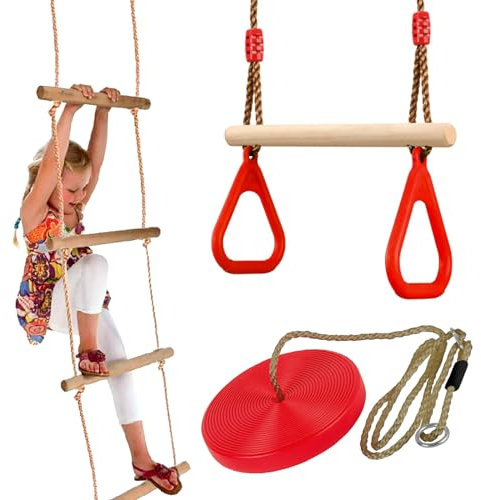 The Magic Toy Shop Kids Swing Set Consisting Of Rope Ladder, Trapeze Bar, & Round Swing Seat/Button, Outdoor Play Equipment Playground Climbing Frame Accessories