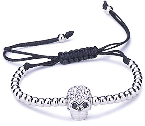Unendlich U Fashion Schädel Totenkopf Damen Kinder Armband Geflochten Baumwollseil Legierung Zirkonia Kugeln Beads Verstellbar Armreifen, Silber