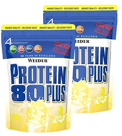 WEIDER Protein 80 Plus Eiweißpulver, 2 Pack, Vanille, Low-Carb, Mehrkomponenten Casein Whey Mix für Proteinshakes, 2x500g