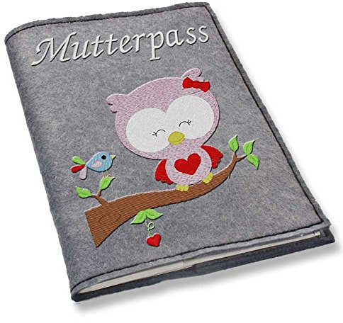 Mutterpass Mutterpasshülle Filz Eule Vogel bestickt Farbwahl schwarz weiß grau rot blau lila pink grün gelb türkis rosa Handarbeit (blaugrau)