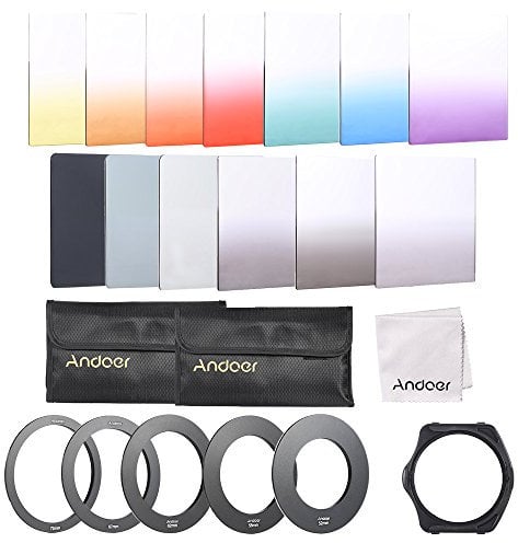 Andoer Rechteckiges Farbfilter-Set, 13-teilig, für Cokin P Serie, mit Filter-Halter, Adapterringen (52, 58, 62, 67, 72 mm), Aufbewahrungstasche, Reinigungstuch