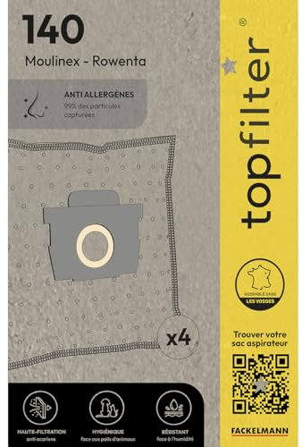 TopFilter 140, 4 sacs aspirateur pour Rowenta et Moulinex boîte de sacs d'aspiration en non-tissé, 4 sacs à poussière (30 x 26 x 0,1 cm), Blanc