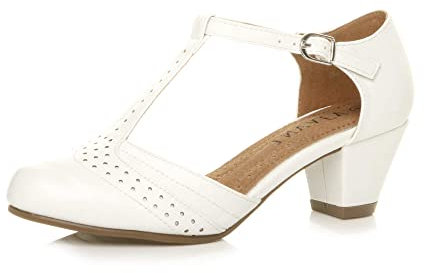 Womens Ladies mid Block Heel t-bar Cut Out Buckle Brogue Shoes Sandals, White Matte, 6 UK