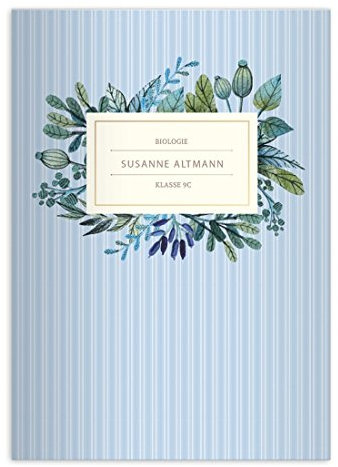 1 personalisiertes, Herbstliches Vintage DIN A4 Schulheft, Schreibhefte mit Blättern und Kräutern auf Streifen in hellblau Lineatur 20 (blanko Heft)