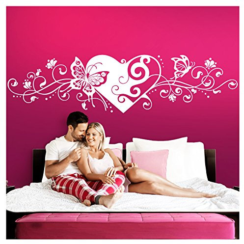 Grandora Wandtattoo Blumenranke Herz selbstklebend I weiß 190 x 48 cm I Schlafzimmer Liebe Love Schmetterlinge Wandtatoo Wandaufkleber Wandsticker W642