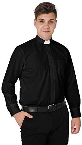 IvyRobes Clergy Shirt Men Priest Clerical Shirts Long Sleeves with Free Slip-in Tab Collar Black