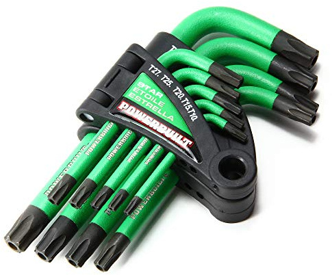 Powerbuilt L-Type Tamper Proof 9 Piece Wrench Set, Short Arm Torx Star Key, Non-Slip Handle, Hex Ball End, Holder - Green 941071