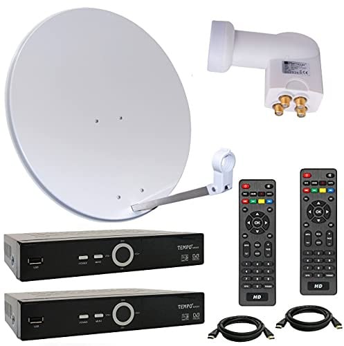 netshop 25 HD Sat Anlage 80 cm Spiegel + Opticum Quad LNB für 4 Teilnehmer + 2 Stück HD SAT Receiver (3 Farben wählbar)