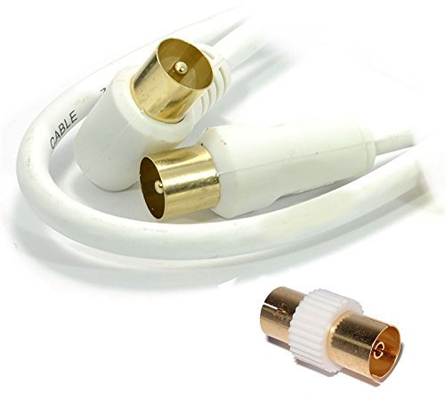 kenable RF Right Angle TV Aerial Freeview Plug Video Cable & Coupler GOLD 5m White [5 metres]