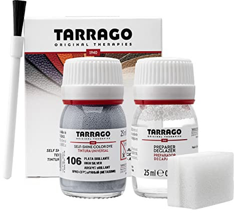 Tarrago | Kit de colorant auto-brillant 25 ml | Teinture auto-brillante pour chaussures et accessoires et apprêt | Couvre les frottements et les chaussures | Argent brillant (106)