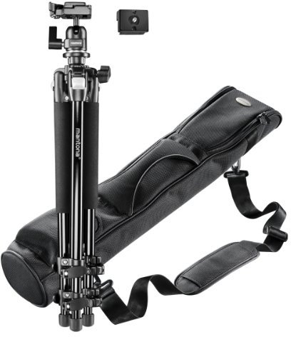 Mantona Basic Scout Set Fotostativ, Kamerastativ bis 144cm, inkl. 2. Kameraplatte + Premium Tasche, umkehrbare Mittelsäule, für Reisen + Outdoor Fotografie für DSLR Kamera, kompakt leichtes Stativ
