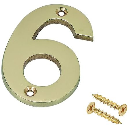 Merriway BH04232 Polished and Lacquered Solid Brass Screw-On House Flat Gate Post Numeral 75 mm (3 Inch) Number 6