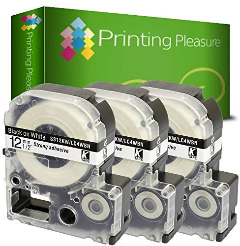 Printing Pleasure 3X AS12KW SS12KW Schwarz auf Weiß, Schriftband kompatibel für Epson LabelWorks LW-300 LW-400 LW-500 LM-700 LW-900P OK200 OK300 OK500P OK720 OK900P KingJim TepraPro | 12mm x 8m