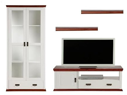 clever-moebel Wohnwand aus Kiefernholz, weiß/kirschbaumfarben lackiert, Wohnzimmer-Schrank