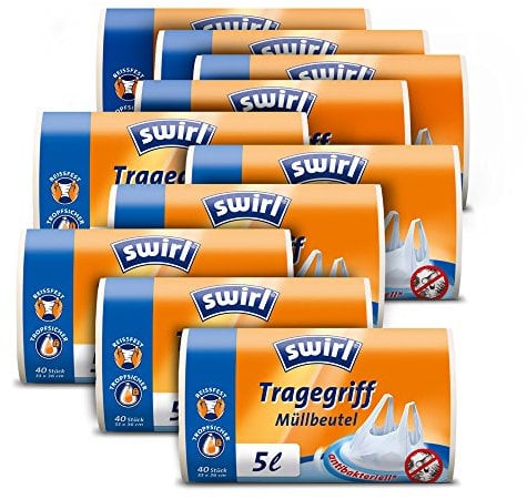 Swirl© Mll-Beutel antibakteriell mit Tragegriffen - 5 Liter, (10 Rollen)