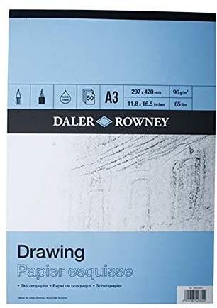Daler-Rowney Smooth 96gsm A3 Drawing Paper Pad, Glued 1 Side, Natural White, 50 Sheets, Acid-Free, Ideal for Professional Artists & Students