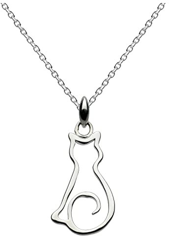 Dew Cat Pendant 18 Necklace – Sterling Silver, Cute and Fun Animal Outline Pendant, Gift Idea (With Gift Box)