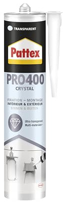 Pattex PRO400 Crystal, colle forte intérieur & extérieur, colle de fixation transparente à forte adhérence, colle tous matériaux avec maintien immédiat, cartouche 290 g