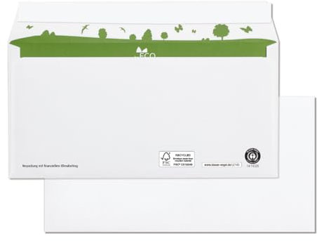beECO Briefumschläge DIN lang (500 Stück), ohne Fenster haftklebend, Briefumschlag aus 100% Recycling Papier, für DIN A4 Papier, weiß, 110 x 220 mm, 80g/m²