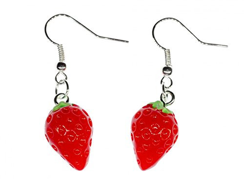Miniblings Erdbeeren Ohrringe Erdbeerohrringe Hänger Strawberry rund rot 3D - Handmade Modeschmuck I Ohrhänger Ohrschmuck versilbert