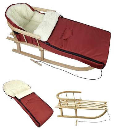 Kombi-Angebot Holz-Schlitten mit Rückenlehne & Zugseil + universaler Winterfußsack (108cm), auch geeignet für Babyschale, Kinderwagen, Buggy, aus Wolle Uni (Bordeaux)