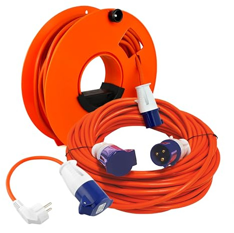 Netagon Travel Kit Heavy Duty Extension Lead Cable with Reel & Hook Up Adaptor | 240V 16a Mains Power | Ideal for Camping Caravan Campervan & Motorhome (25M Extension Lead with Cable Reel, EU Hook Up)