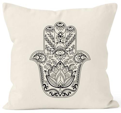 Autiga Kissenbezug Hamsa Hand der Fatima Glücksbringer Symbol Kissen-Hülle 40x40 Baumwolle Natur 40cm x 40cm