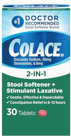 Colace 2-in-1 Stool Softener Plus Stimulant Laxative Tablets, 30 Count, Gentle Constipation Relief, Docusate Sodium Plus Sennosides
