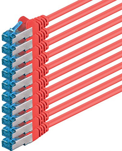 1,5m Cable de Red, Cable Ethernet y LAN SFTP PIMF Cat6a - transmite hasta 10 Gigabit por Segundo y es Adecuado para switches, routers, módems con Entrada RJ45, rojo - 10 piezas