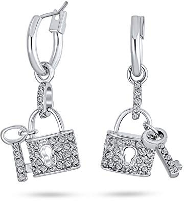 Pave Crystal Lock And Key Charm Dangle Earrings For Women Girlfriend Couples Silver Plated Brass